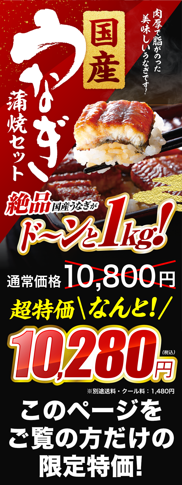 4月18日（月）は土曜丑の日　国産うなぎ蒲焼セット　1kg 10,000円